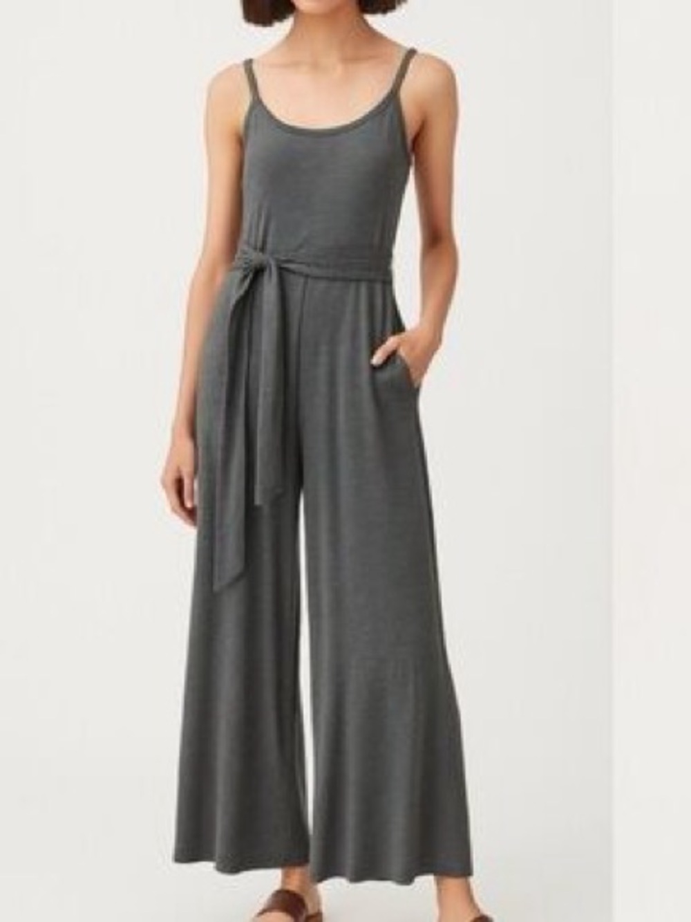 Cuyana Charcoal Gray Sleeveless Wide-Leg Jumpsuit with Tie Belt